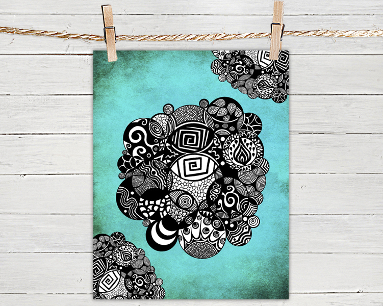 Poster Print 8x10 - Turquoise Organic Circles - Of Fine Art Illustration For Your Wall Decor