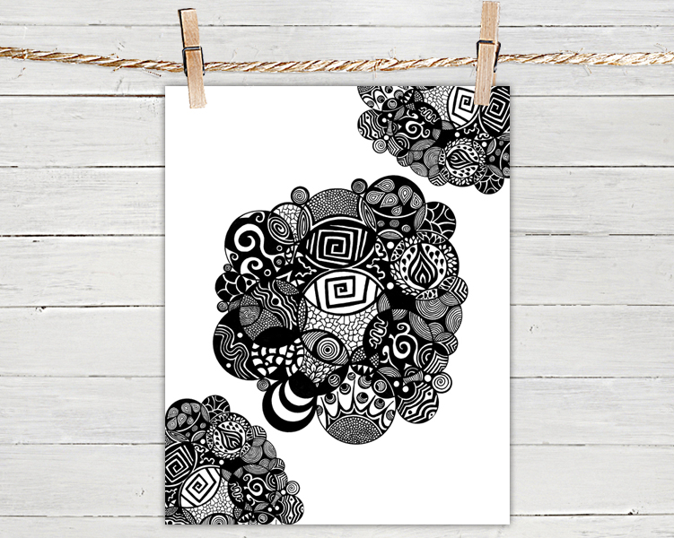 Poster Print 8x10 - Black And White Organic Circles - Of Fine Art Illustration For Your Wall Decor