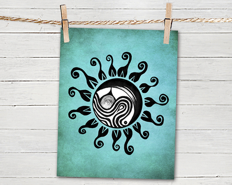 Poster Print 8x10 - Turquoise Ocean Sun - Of Fine Art Illustration For Your Wall Decor