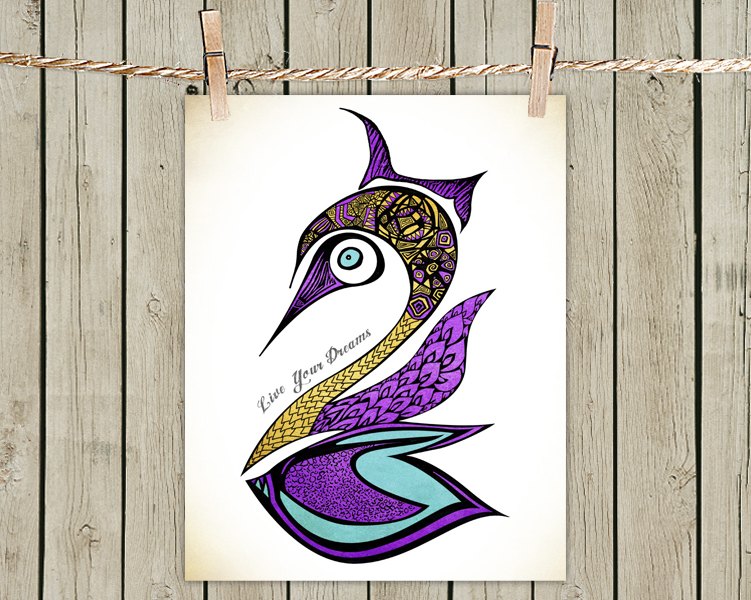 Poster Print 8x10 - Purple Swan Live Your Dreams Quote - Of Fine Art Illustration For Your Wall Decor