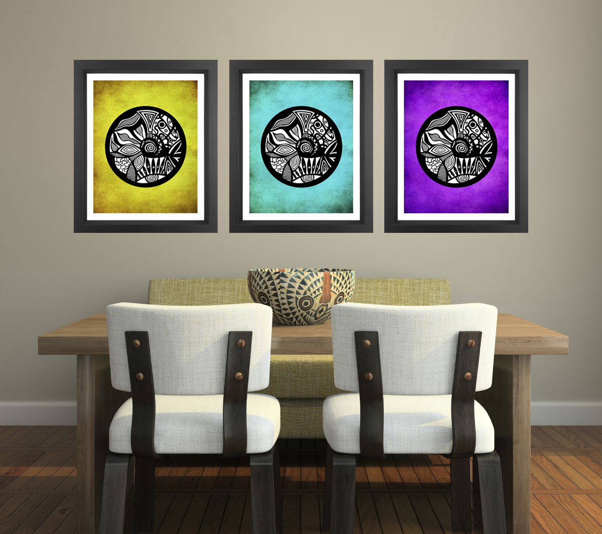 Poster Prints Discounted 11x14 Set Of 3 - Multicolor Tribal Circles